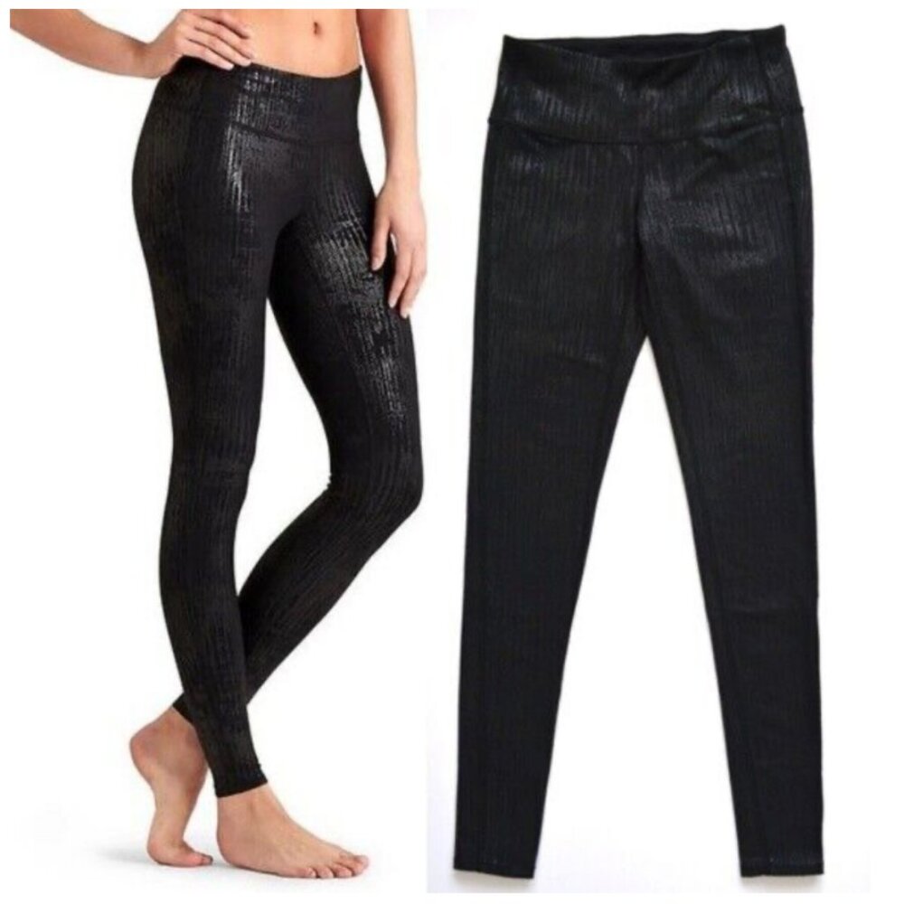 Athleta Chaturanga Black Metallic Crackle Stretch Leggings, Size Small, Black